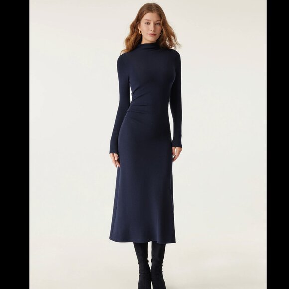 NWT OLG ProWarm Long Sleeves Mockneck Tucks Midi Dress - Regular / Navy / S - Picture 2 of 5